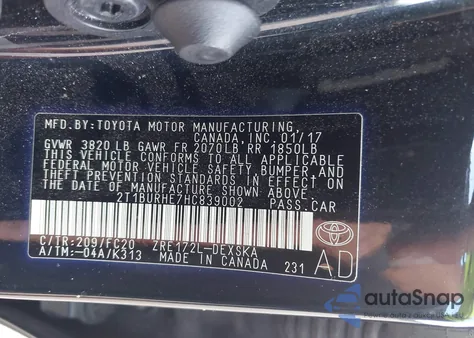 2017 Toyota Corolla Se from USA, damaged, VIN 2T1BURHE7HC839002